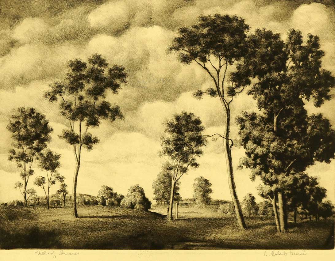 C. Robert Greene Signed Original etching [Hill of: C. Robert Greene Signed Original etching [Hill of Dreams]. Unframed, loose, very good condition, slight foxing, taped at top corners only. 9'' x 12'', pencil signed LR. Original AAA label.
