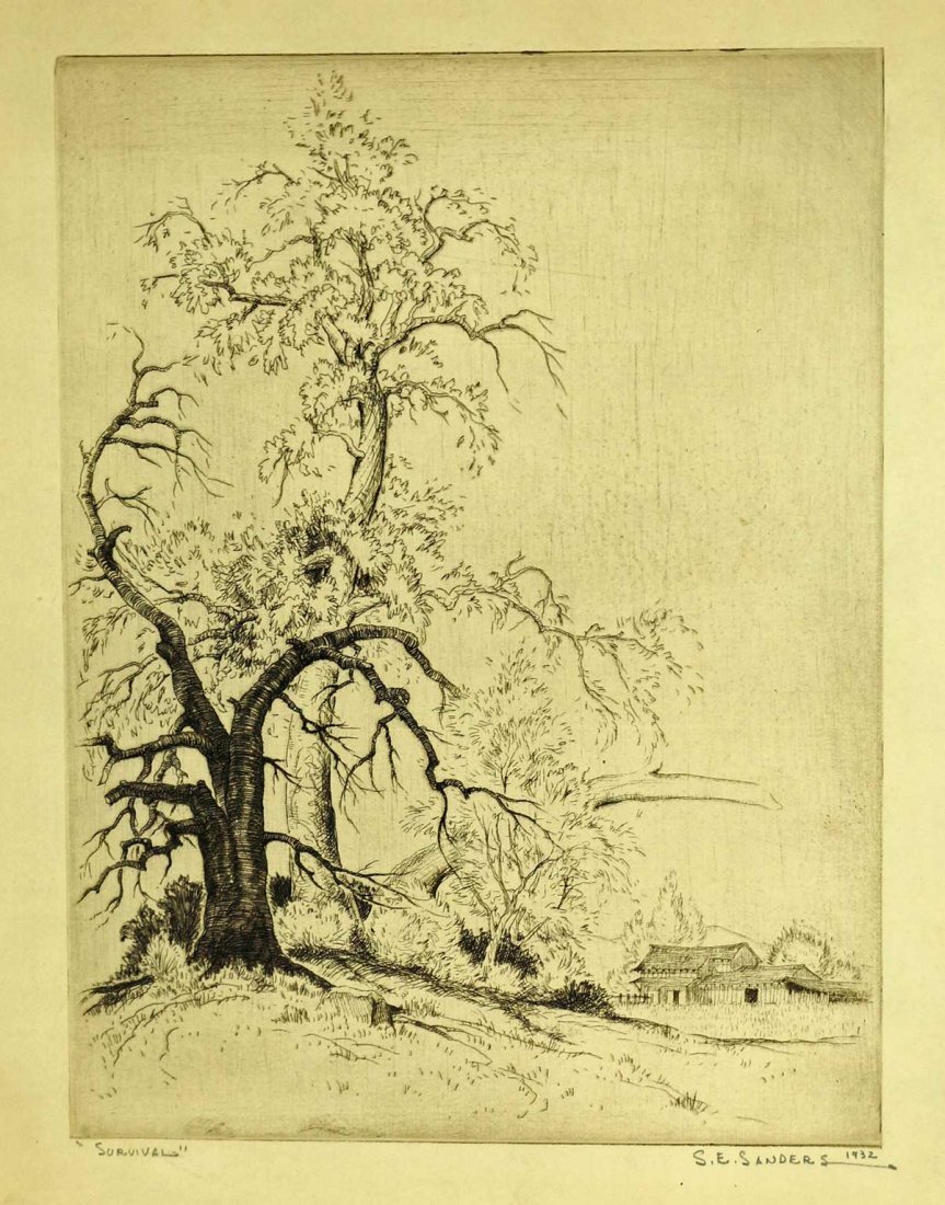 Spencer Edward Sanders, California/Oregon, Signed: Spencer Edward Sanders, California/Oregon, Signed Original Etching [Survival]. 9 7/8'' x 7 3/8'', very good condition, unframed loose, dated 1932. Pencil signed LR.