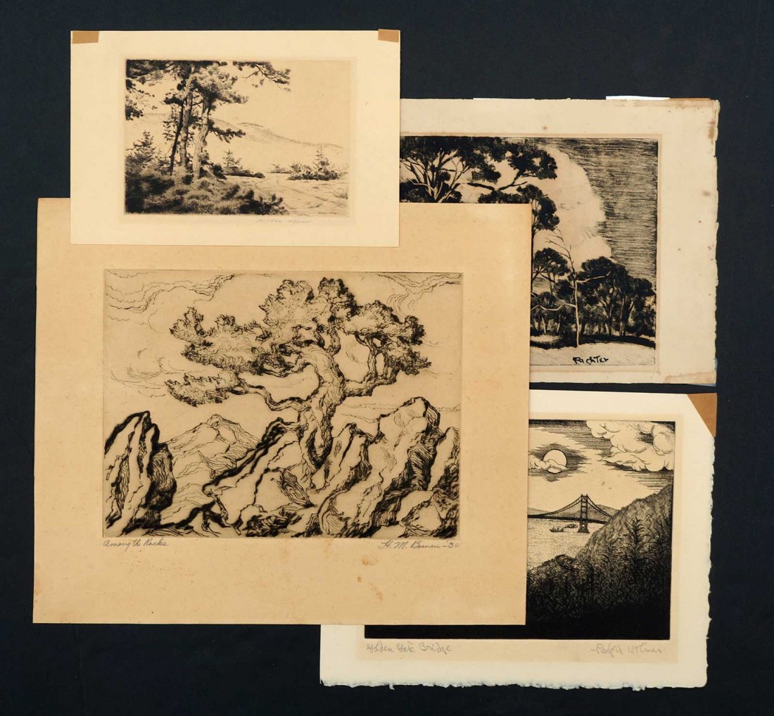 Group Four American Signed Etchings. Includes Rexford: Group Four American Signed Etchings. Includes Rexford Holmes [Golden Gate Bridge} 5'' x 7'', Morgan Dennis untitled landscape 3.5'' x 5'', Richter untitled landscape 5.25'' x 7.25'' and H.M. Bowen [Am