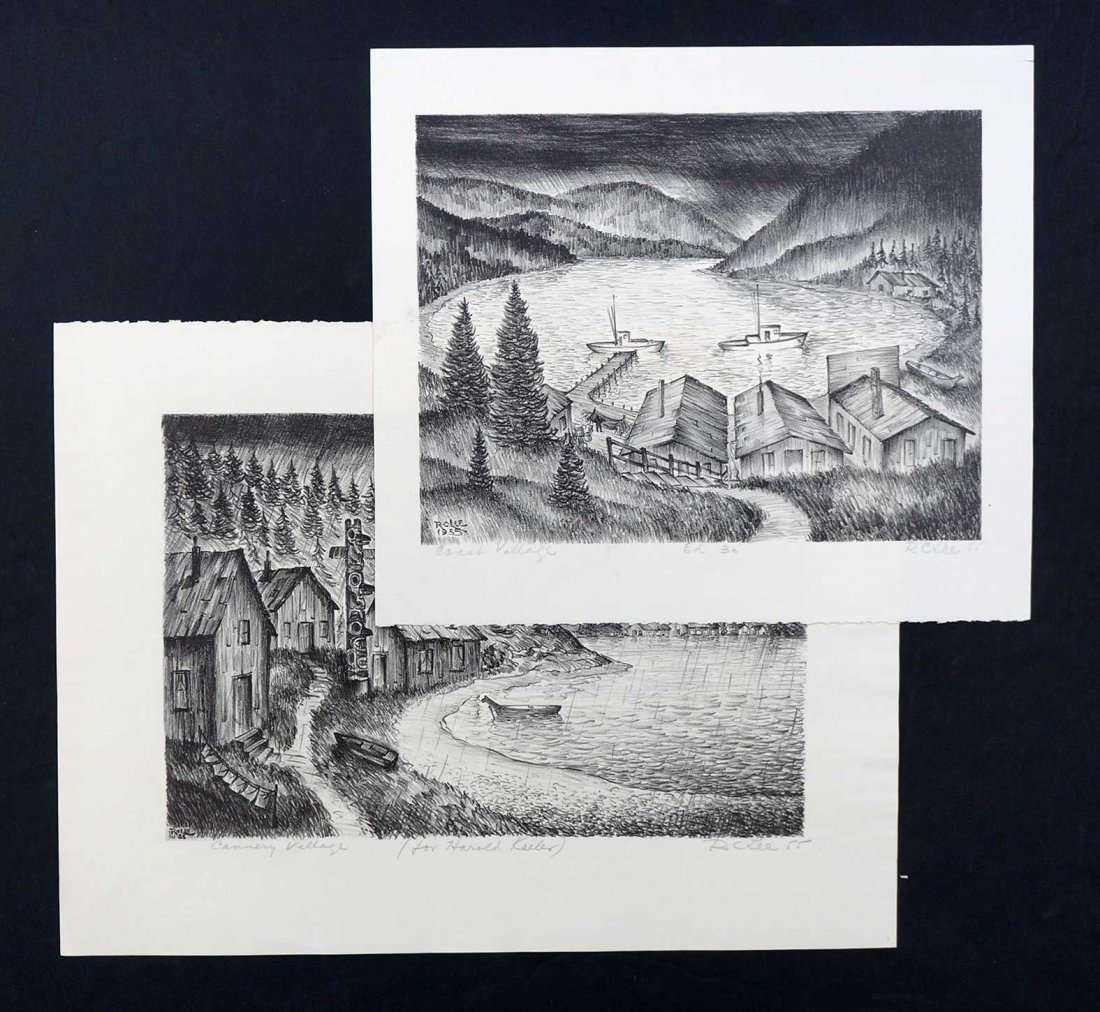 Robert Cranston ''R.C.'' Lee Pair of Signed: Robert Cranston ''R.C.'' Lee Pair of Signed lithographs. [Cannery Village] 7.5'' x 11.25'' and [Coast Village] 7.5'' x 10''. Both are unframed, loose in Ex/Ex+ condition. Coast Village is from an edit
