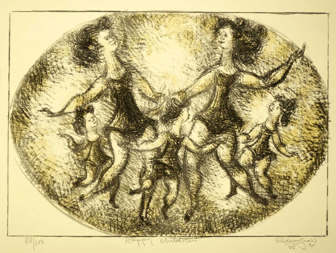 Chaim Gross Signed Lithograph [Happy Children]: Chaim Gross (New York, Massachusetts/Austria,Poland, 1904-1991) signed lithograph [Happy Children]. 88/100, dated 1968, signed LR. Unframed, loose, excellent condition. Image 12.75\", sheet size 17\" 