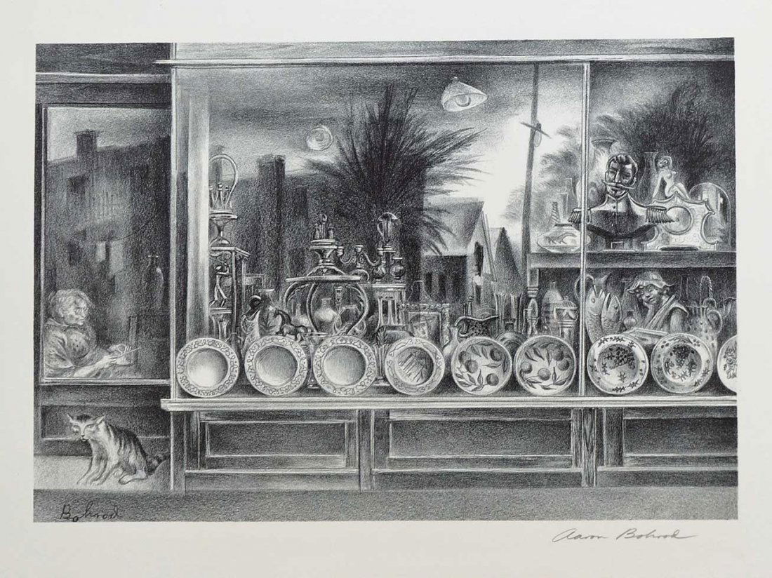 Aaron Bohrod (American, 1907-1992) Signed Lithograph: Aaron Bohrod (American, 1907-1992) Signed Lithograph. Image 9.25" x 13.5", sheet 12.25" x 16.25". Unframed, loose, excellent condition with tape top corners. Pencil signed lower right.