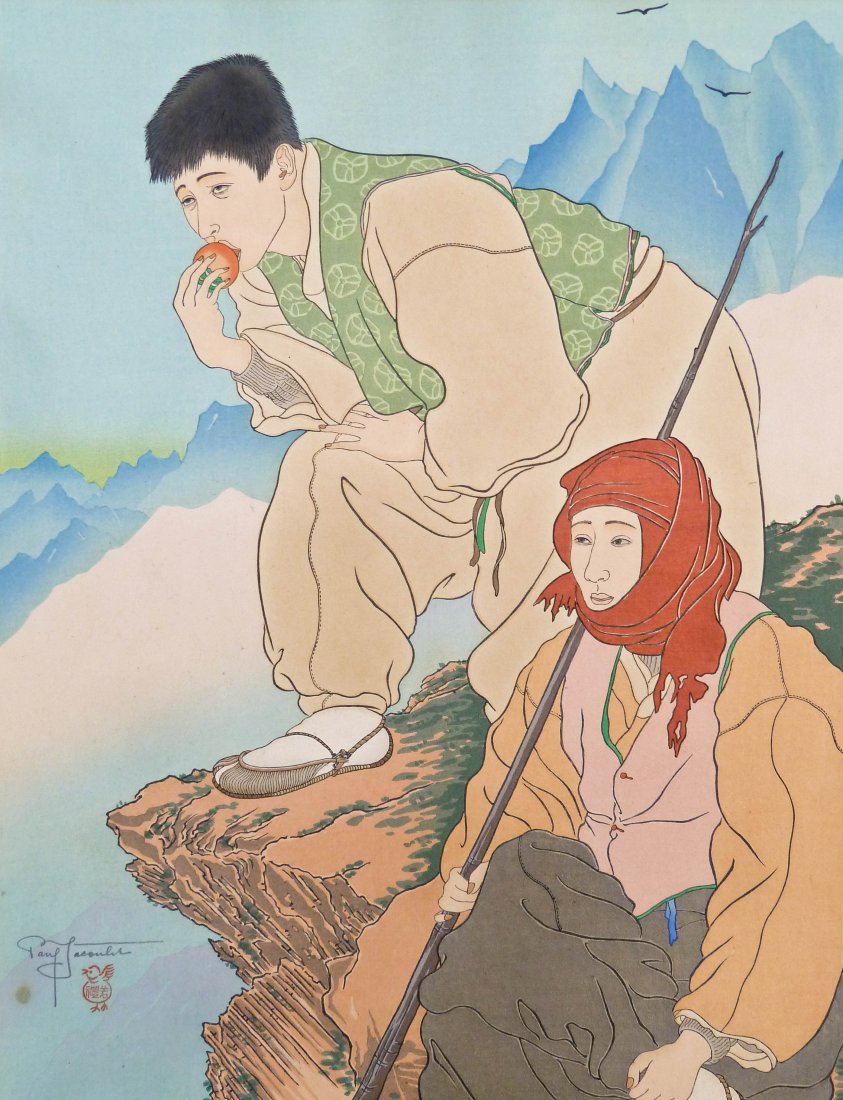 Paul Jacoulet ''Bergers des Hautes Montagnes. Coree'': Paul Jacoulet ''Bergers des Hautes Montagnes. Coree'' 1941 Woodblock Print 18.5''x13.25'' Sheet. Pencil signed l.l. corner with full margins. Numbered 216 of 350 on verso. Heavy toning throughout with