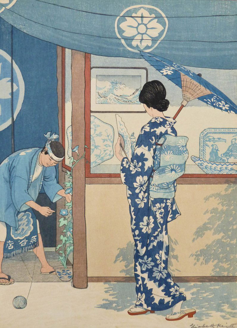 Elizabeth Keith ''Blue & White, Kyoto'' Woodblock Print: Elizabeth Keith ''Blue & White, Kyoto'' Woodblock Print 16.25''x11.75'' Sheet. Pencil signed and titled lower margin. Toning throughout with matt burn in margin. Tape marks on verso. Loose, unframed.