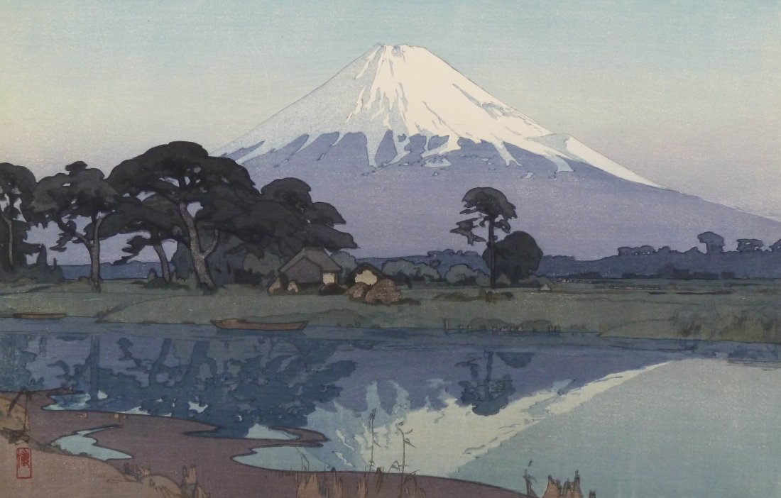 2pc Hiroshi Yoshida ''Suzukawa'' and ''New Moon'': 2pc Hiroshi Yoshida ''Suzukawa'' and ''New Moon'' Japanese Woodblock Prints Oban Size. Pencil signed with Jizuri seals. Suzukawa has light corner crease top left and New Moon has heavy toning througho
