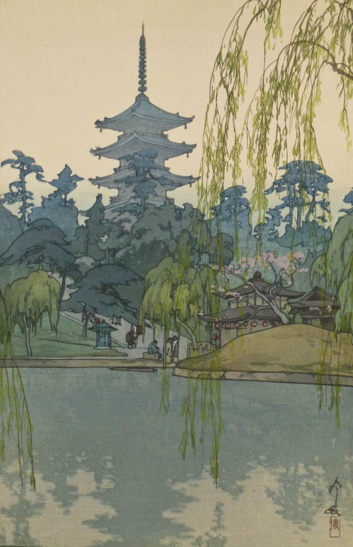 2pc Hiroshi Yoshida ''Surusawa Pond'' & ''Bamboo Wood'': 2pc Hiroshi Yoshida ''Surusawa Pond'' & ''Bamboo Wood'' Japanese Woodblock Prints Oban Size. Pencil signed with Jizuri seal. Bamboo Wood has heavy toning throughout with matt burn in margin. Sarusawa 