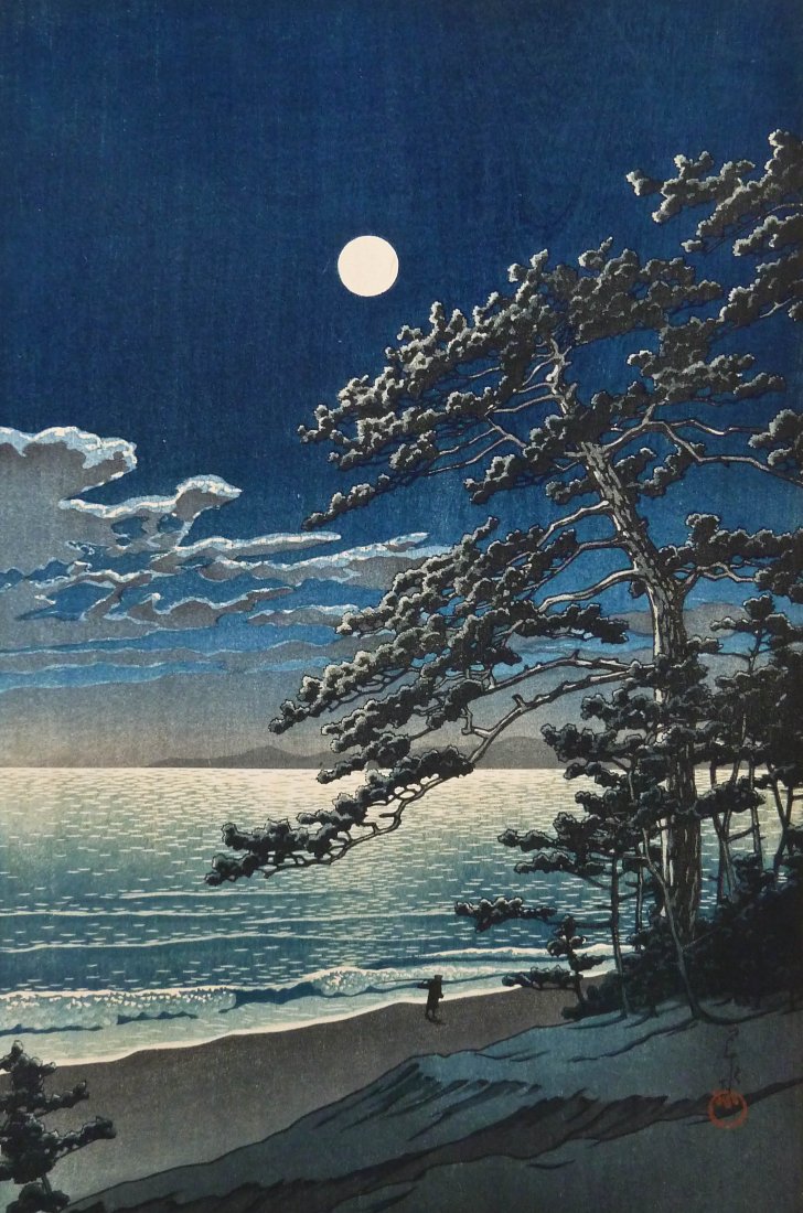 Kawase Hasui ''Spring Moon at Ninomiya Beach'': Kawase Hasui ''Spring Moon at Ninomiya Beach'' Woodblock Print Oban Size. Published by Doi Teiichi between 1946-55. Signed with Sui seal and has full margins. Excellent condition with strong color. Ti