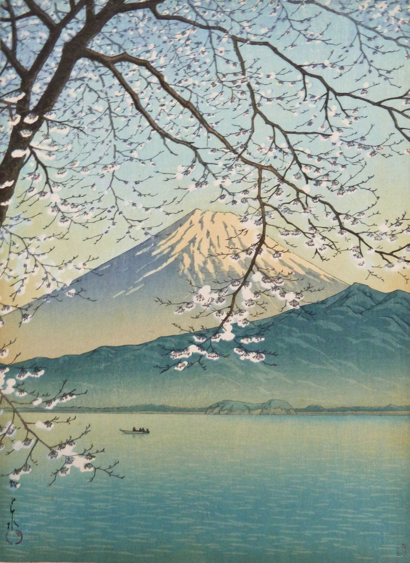 Kawase Hasui ''Mt. Fuji from Kishio'' Woodblock Print: Kawase Hasui ''Mt. Fuji from Kishio'' Woodblock Print Dai-Oban Size. It bears a rare Watanabe gift seal l.r. corner and is signed with his Sui seal. Trimmed margins with toning throughout. Loose, unfr
