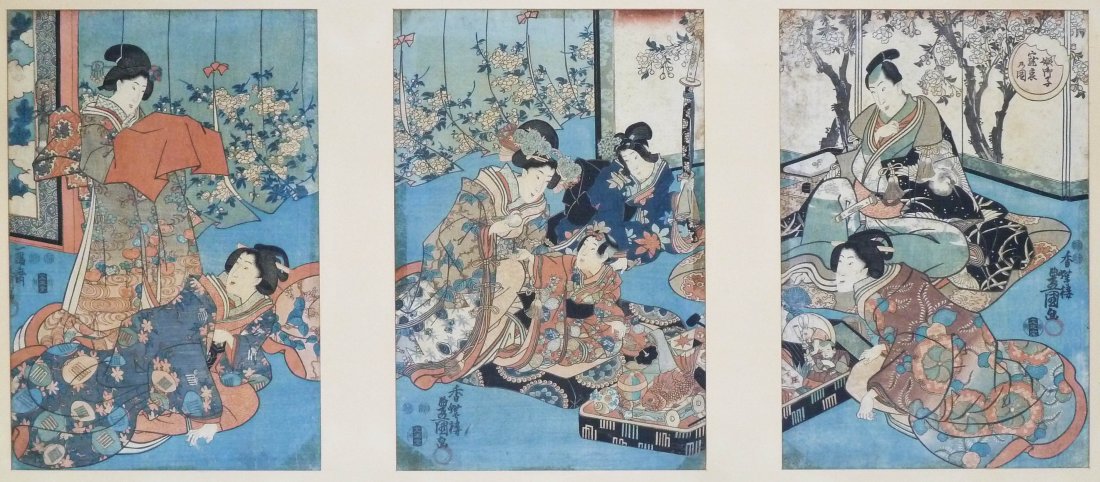 3pc Antique Japanese Triptych Woodblock Prints Oban: 3pc Antique Japanese Triptych Woodblock Prints Oban Sizes. All are framed and include Ukiyo-e samurai warrior and geisha imagery. Artists are Toyokuni III and Utagawa Kunisada. Tape mounted at corners
