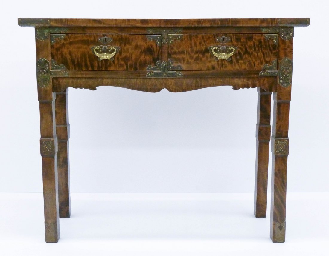 Antique Korean Altar Table 35''x42''x19''. Table has: Antique Korean Altar Table 35''x42''x19''. Table has two drawers with worked brass butterfly pulls. Flame grain to wood. Overall excellent condition. 19th century, Choson period.