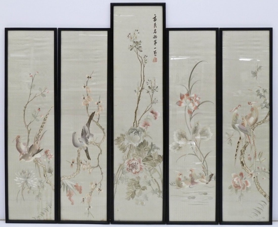 5pc Old Chinese Silk Embroidered Bird Panels Framed.: 5pc Old Chinese Silk Embroidered Bird Panels Framed. Includes a set of four polychrome silk panels depicting birds on blossoming flower branches 34.75''x9.25'' each. Also a taller silk floral panel wi