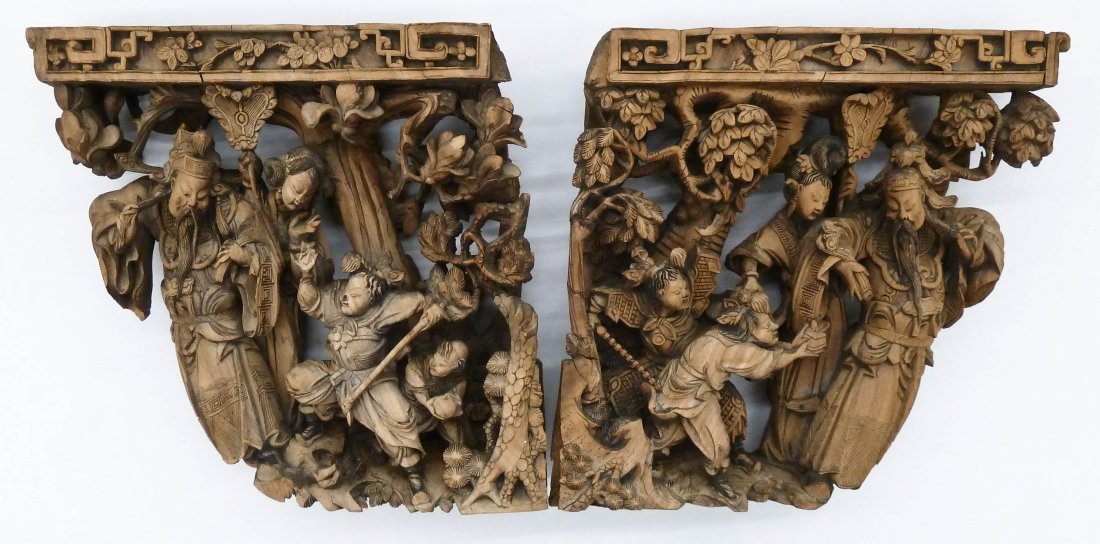 Pair of Antique Chinese Temple Corbels 17''x17'' Each.: Pair of Antique Chinese Temple Corbels 17''x17'' Each. An impressive true opposing pair of intricately pierced carved panels. They depict the star god Lu holding a ruyi scepter with attendants. Some s