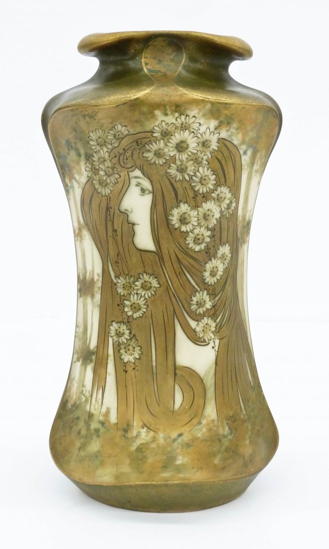 Teplitz Amphora Art Nouveau Ceramic Vase 11.75''x6''.: Teplitz Amphora Art Nouveau Ceramic Vase 11.75''x6''. Gilt decorated female beauty portrait with flower and tree motifs. Marked Turn Amphora RSTK for Riessner, Stellmacher, & Kessel. Overall excellent