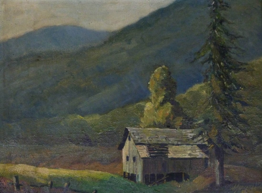 Fred Marshall (1904-1979 Washington) Cabin Scene: Fred Marshall (1904-1979 Washington) Cabin Scene Landscape Oil on Board 9''x12'' Image. An early painting by Marshall signed l.r. corner. Housed in an old piecrust frame with a total size of 11.5''x14