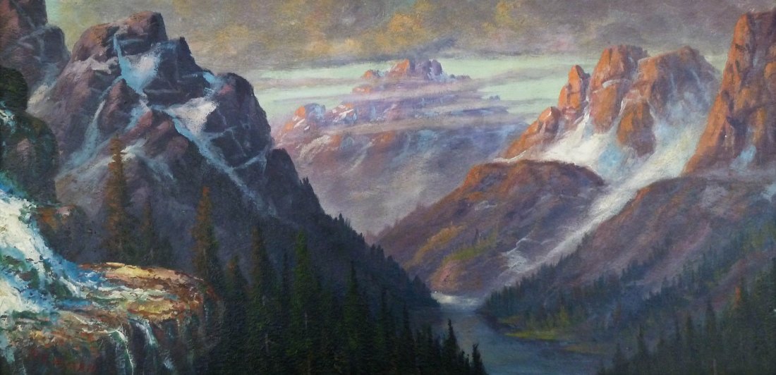 Adolph Newman (1871-1937 Washington) Mountain Landscape: Adolph Newman (1871-1937 Washington) Mountain Landscape Oil on Board 12''x24'' Image. An early northwest mountain scene with deep canyon and river. Signed l.l. corner and housed in original piecrust f