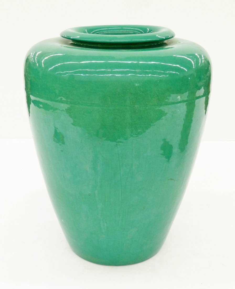 Bauer Turquoise Pottery Oil Jar 17''x14''. High: Bauer Turquoise Pottery Oil Jar 17''x14''. High shouldered form with folded rim. Overall excellent condition. Search terms: California, pacific, gladdy mcbean.