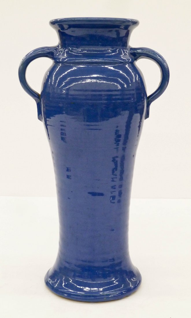 Bauer Matt Carlton ''Rebekah'' Handled Pottery Vase: Bauer Matt Carlton ''Rebekah'' Handled Pottery Vase 19.25''x10.5''. Hand thrown form with navy blue glazes. Overall excellent condition. Search terms: california, pacific, gladdy mcbean.