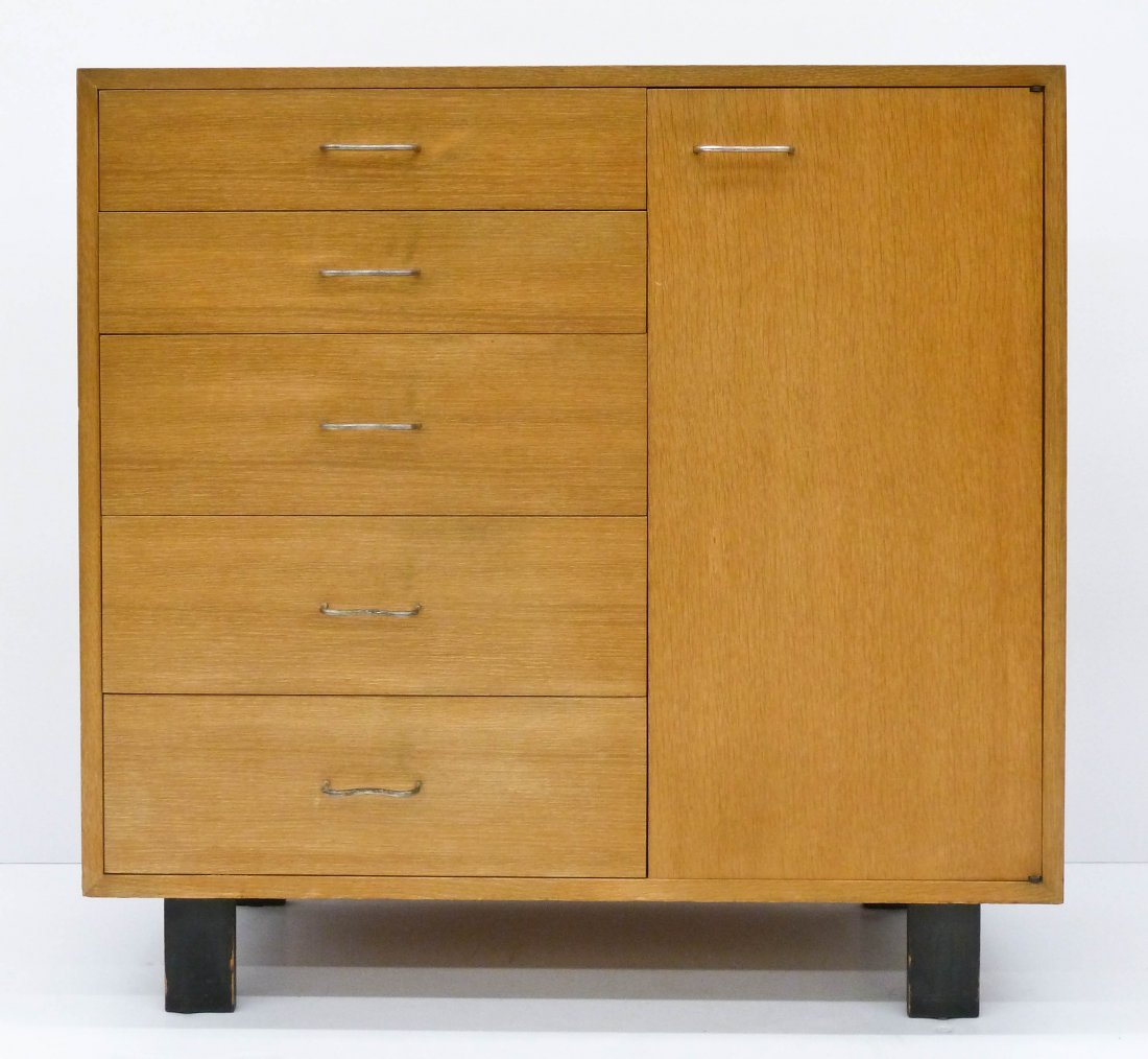 George Nelson for Herman Miller Primavera Dresser Chest: George Nelson for Herman Miller Primavera Dresser Chest 40''x40''x18.5''. Blonde finish with original wire pulls and black painted legs. Five drawers with side door cabinet. Unmarked. Light overall we