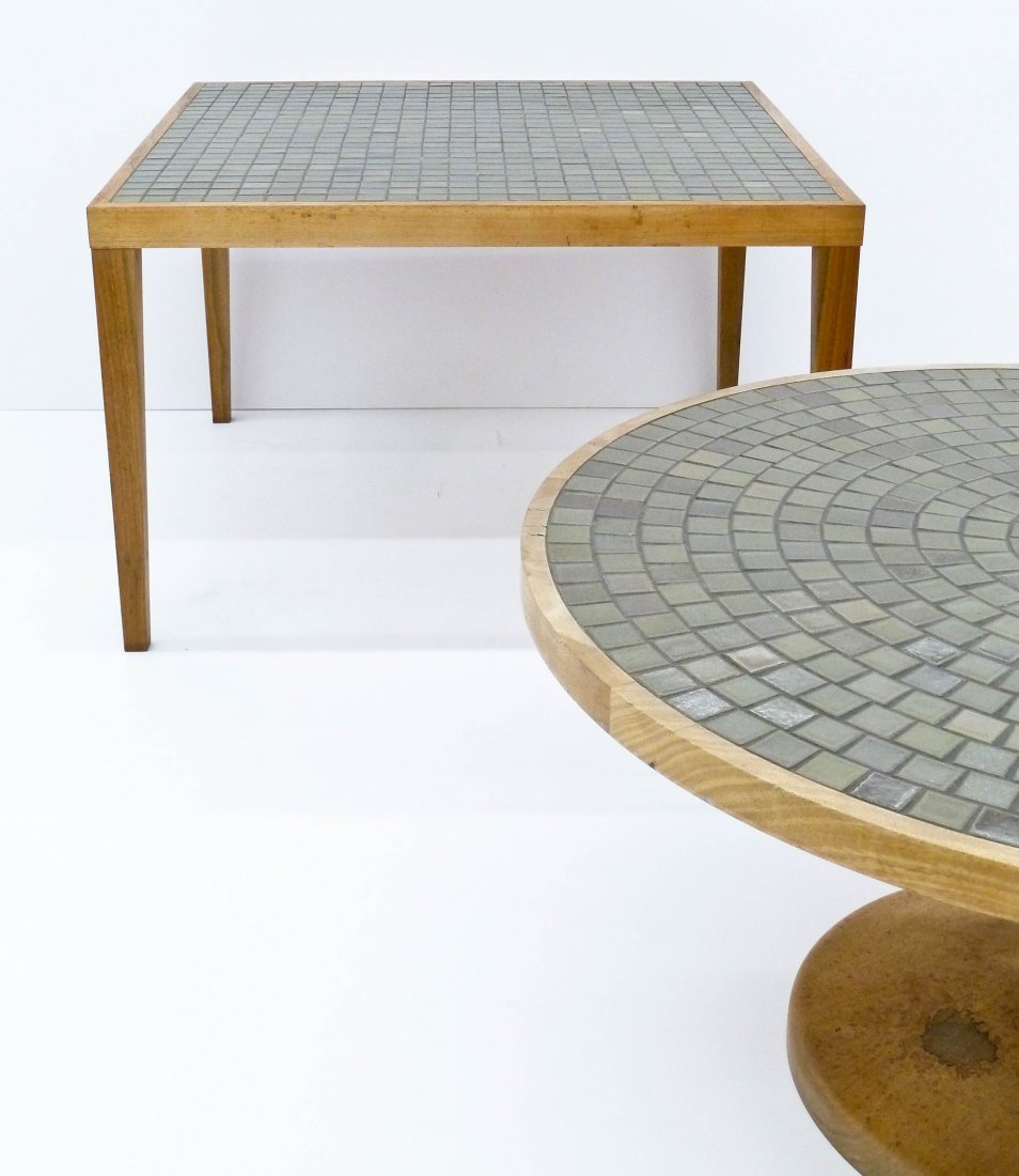2pc Gordon & Jane Martz Tile Top Occasional Tables.: 2pc Gordon & Jane Martz Tile Top Occasional Tables. Includes a round pedestal table 17''x34'' and a square coffee or end table 20''x31.5''. Avocado green glazed stoneware pottery tiles with teak bases