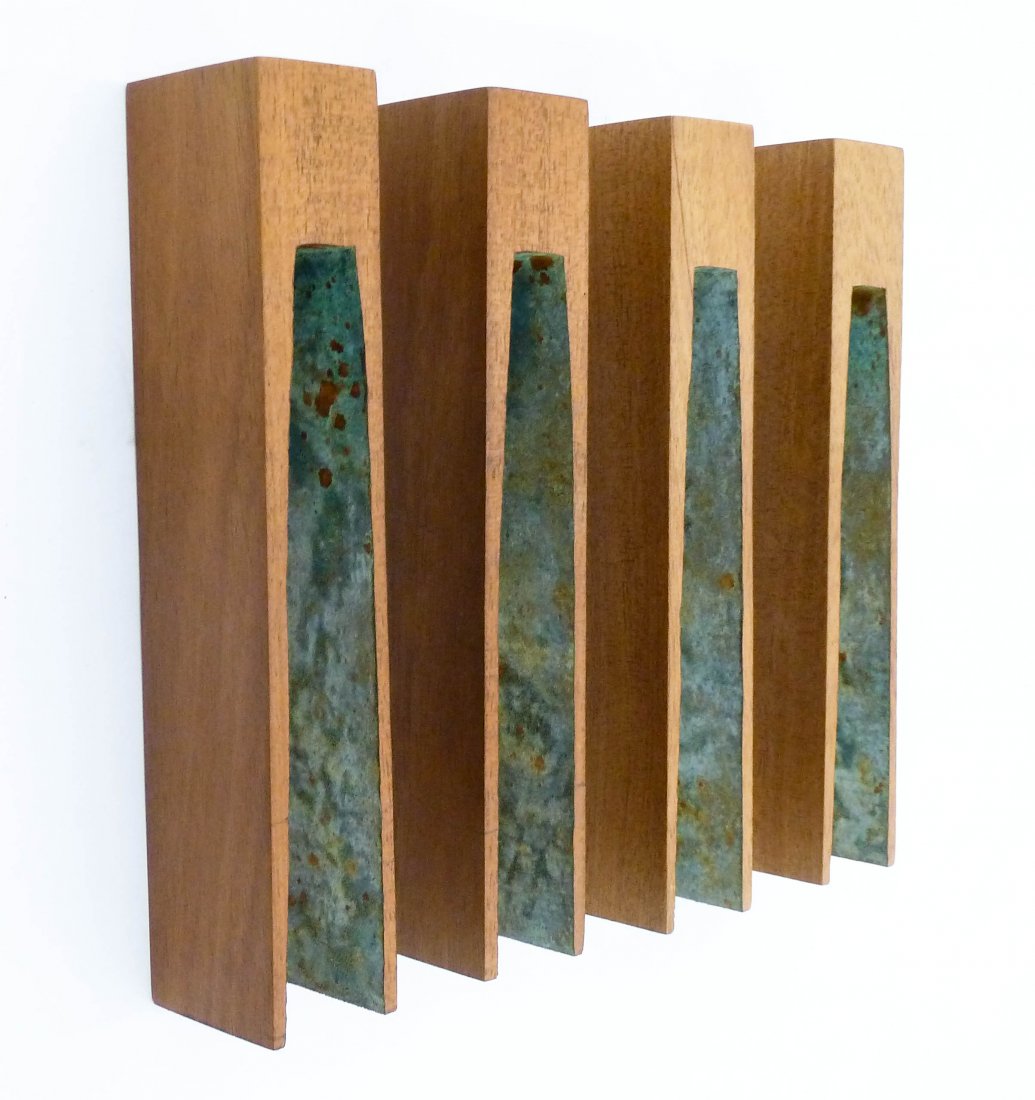 Pascal Pierme (b.1962 French American) ''Quad'' Wall: Pascal Pierme (b.1962 French American) ''Quad'' Wall Sculpture 2004 Mixed Media 11''x10''x2''. A quadtych hanging sculpture with various surface textures and colors. Signed on verso with original lett