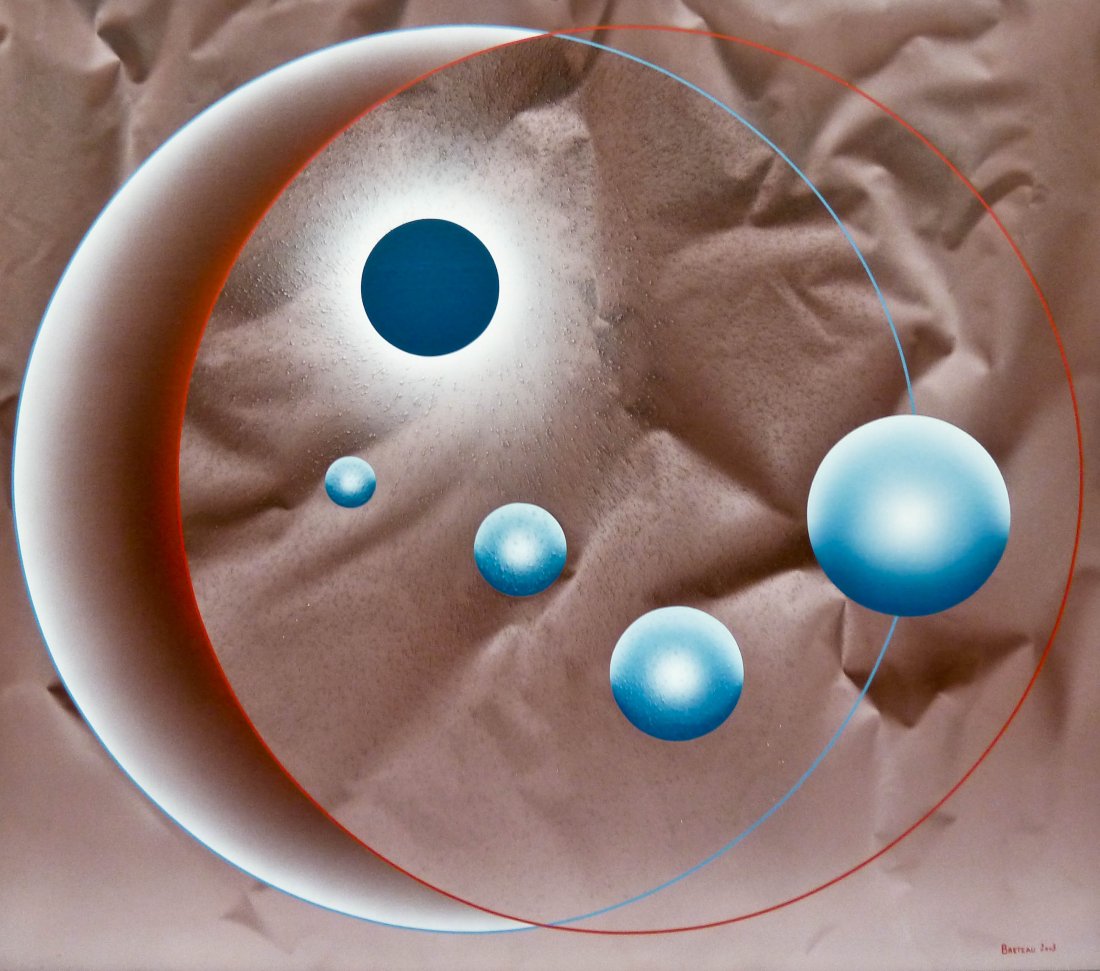 Patrice Breteau (b.1942 American) ''Coming'' 2003 Oil: Patrice Breteau (b.1942 American) ''Coming'' 2003 Oil on Canvas 52''x46''. A colorful geometric cosmic abstraction with tromp l'oeil wrinkled paper. Signed and dated l.r. corner with title on verso.