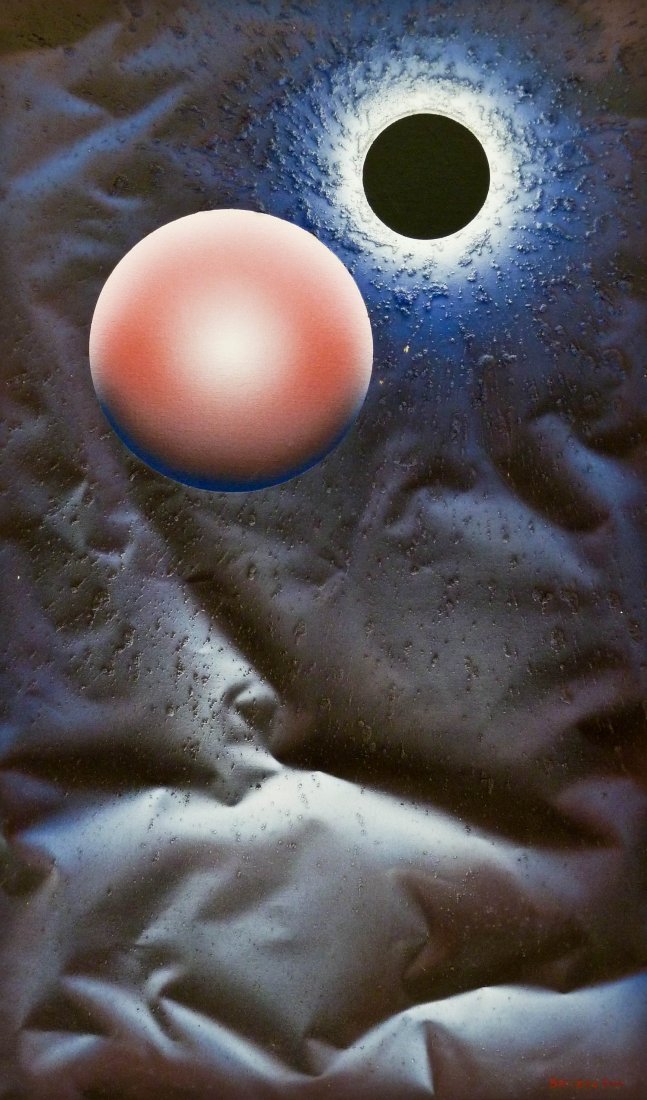 Patrice Breteau (b.1942 American) ''Black Hole'' 2002: Patrice Breteau (b.1942 American) ''Black Hole'' 2002 Oil on Canvas 40''X24''. A colorful cosmic geometric abstraction with tromp l'oeil wrinkled paper. Signed and dated l.r. corner with title on vers