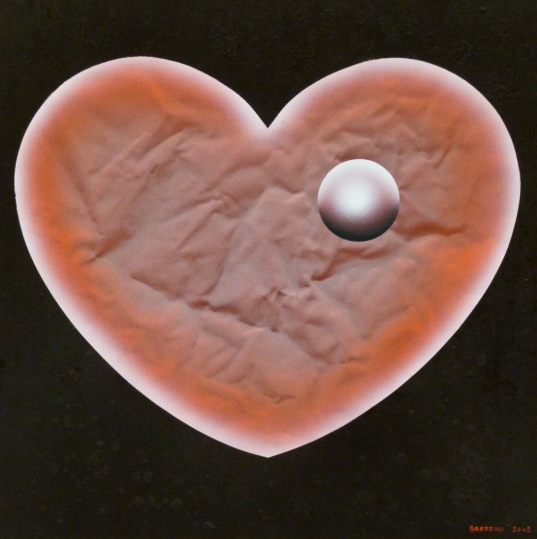 Patrice Breteau (b.1942 American) ''The Heart I'' 2002: Patrice Breteau (b.1942 American) ''The Heart I'' 2002 Oil on Canvas 30''x30''. A colorful geometric cosmic abstraction with tromp l'oeil wrinkled paper. Signed and dated l.r. corner. Titled and inscr