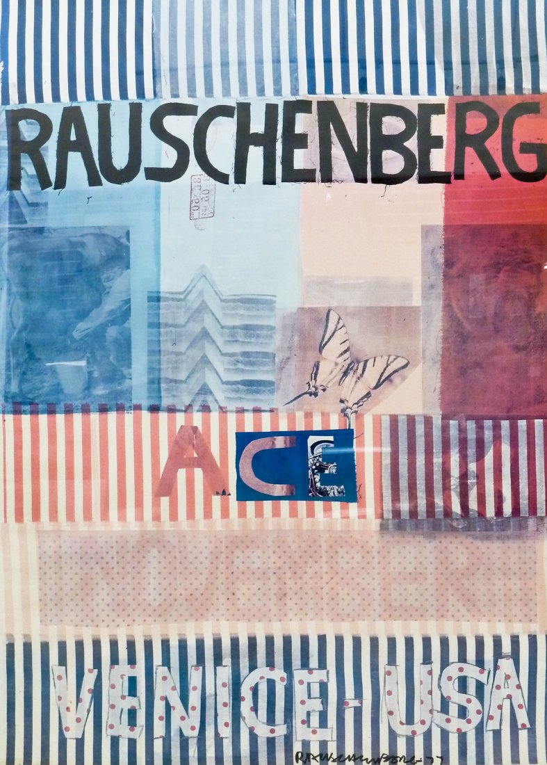 Robert Rauschenberg ''ACE VENICE USA'' 1977 Signed: Robert Rauschenberg ''ACE VENICE USA'' 1977 Signed Large Poster 71.5''x51.5'' Framed. Offset color lithograph that is signed and dated in marker lower edge. Poster is faded.