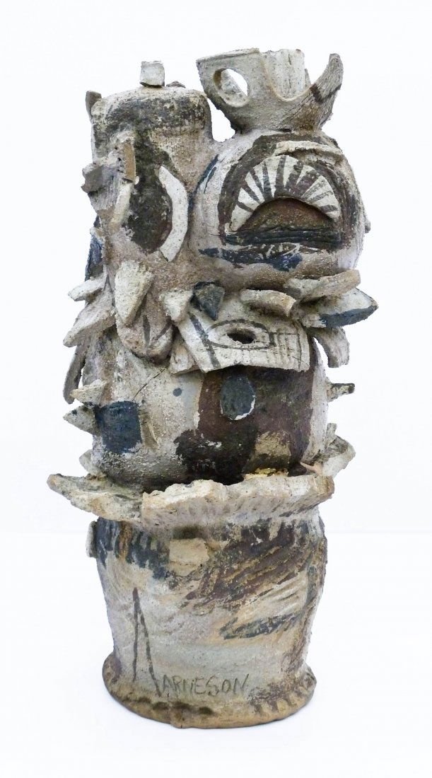 Robert Arneson (1930-1992 California) Untitled: Robert Arneson (1930-1992 California) Untitled Brutalist Stoneware Sculpture 26''x13''. An important early wheel thrown and hand built slab constructed sculpture with painted glaze accents. It is sign