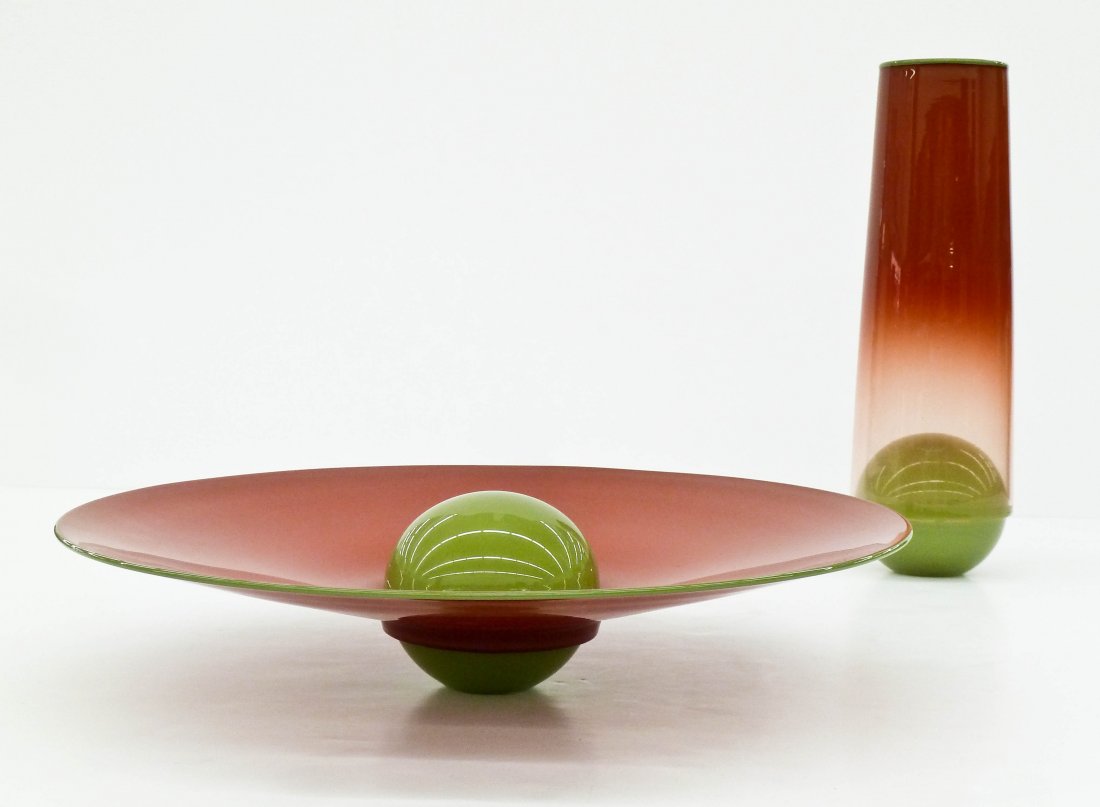 Benjamin Moore (b.1952 Washington) Watermelon Palla Set: Benjamin Moore (b.1952 Washington) Watermelon Palla Set 1997 Studio Glass. Includes an olive green and red vase 14.5''x4.5'' and a matching conical bowl 3.5''x17.75''. Both are signed and dated near f