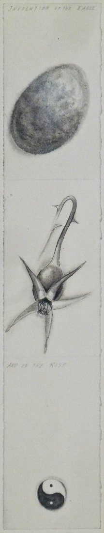 Morris Graves (1910-2001 American) ''Involution of The: Morris Graves (1910-2001 American) ''Involution of The Eagle and of The Rose'' 1951 Ink on Paper 19.5''x4'' Sight. An original mystic sketch that was sent in a letter to Donald Allyn, following owner