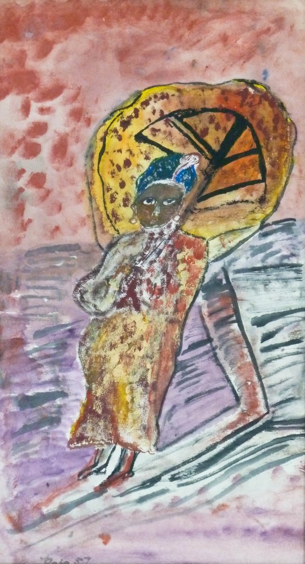 Pehr Hallsten (1897-1965 Washington) ''By the Sea'': Pehr Hallsten (1897-1965 Washington) ''By the Sea'' 1957 Tempera on Paper 14''x8'' Image. Depicting an abstract woman with parasol. Signed and dated l.l. corner. Otto Seligman Gallery, Seattle label o
