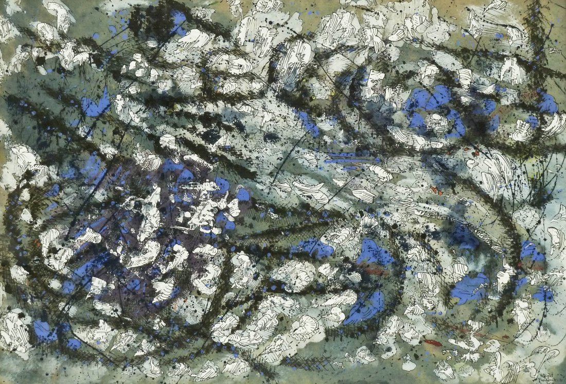 Clifford Wright (1919-1999 American) Untitled: Clifford Wright (1919-1999 American) Untitled Abstraction 1958 Mixed Media on Paper 18''x26'' Image. A colorful abstract with swirling forms. Signed and dated l.r. corner. Total framed size 20''x28''.