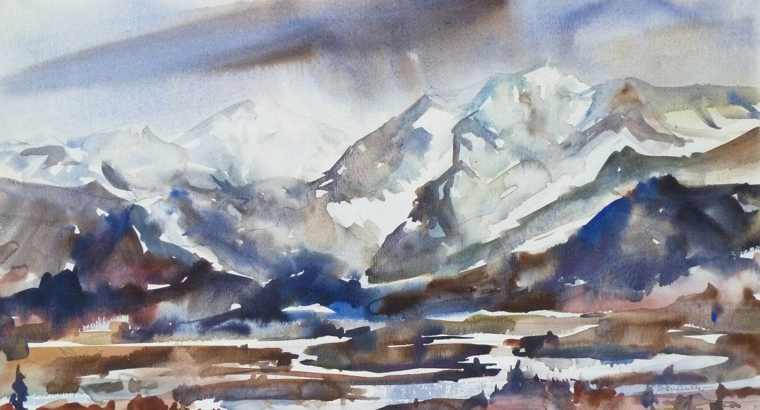 Manfred Lindenberger (1914-2008 Washington) ''Alaskan: Manfred Lindenberger (1914-2008 Washington) ''Alaskan Grandeur, Juno'' Watercolor on Paper 13.75''x25'' Image. Signed l.r. corner. Foster/White Gallery, Seattle label on verso. Total framed size 22.5'