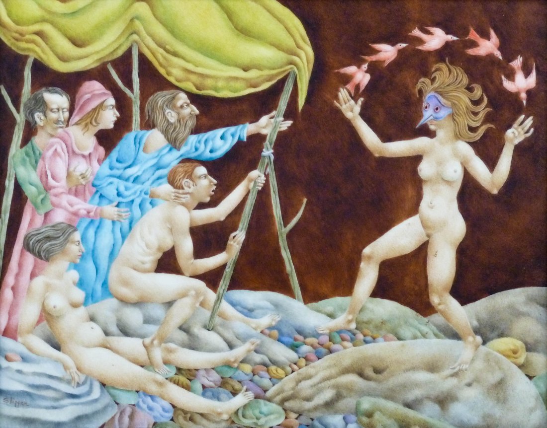 Gary Slipper (b.1934 Canadian) ''The Bird Enchantress'': Gary Slipper (b.1934 Canadian) ''The Bird Enchantress'' 1971 Oil on Board 8''x10''. Signed l.l. corner and titled on verso. Total framed size 17.5''x19.5''.