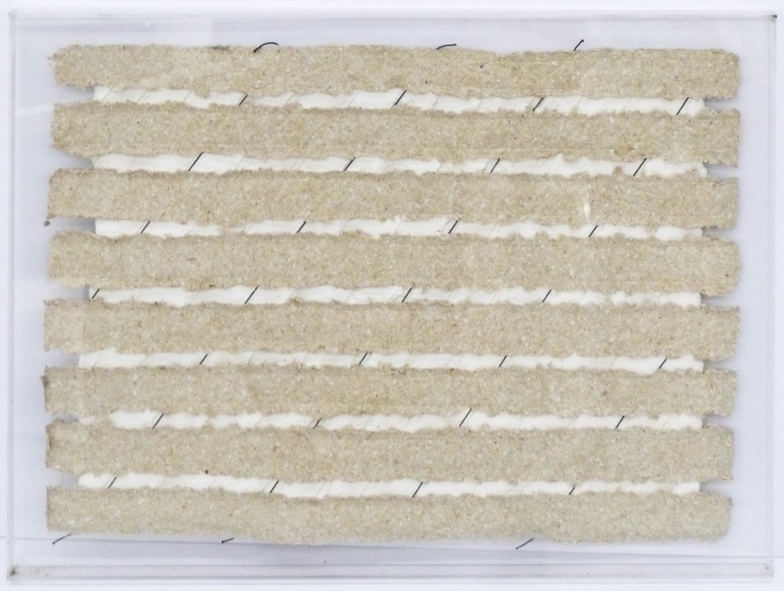 Nancy Genn (b.1929 California) ''Horizontal Field: Nancy Genn (b.1929 California) ''Horizontal Field D-13'' Handmade Paper Laminated with Thread 25''x33.75'' Framed. Signed on verso. Shadowbox framed in plexiglass.