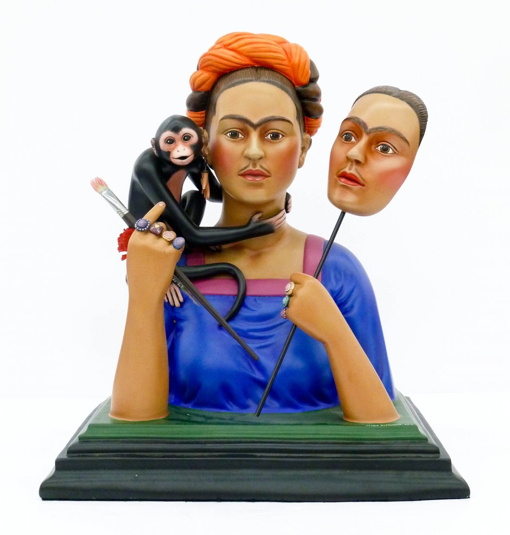 Sergio Bustamante (b.1942 Mexican) ''Frida Kahlo'': Sergio Bustamante (b.1942 Mexican) ''Frida Kahlo'' Ceramic Sculpture 24''x21.5''x16.5''. A colorful 3-dimensional sculpture by this famous hispanic artist. Artist Proof edition signed at base. Small b