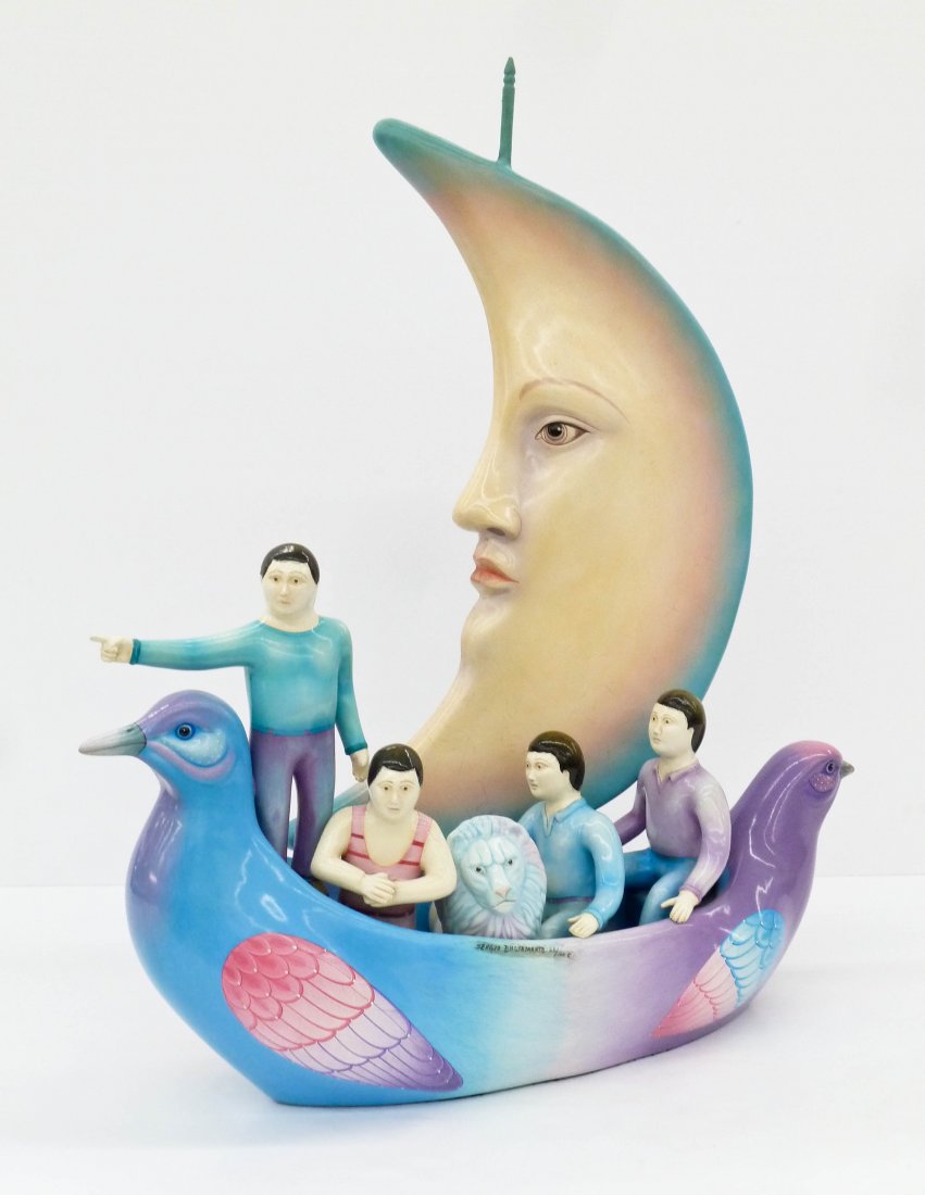 Sergio Bustamante (b.1942 Mexican) ''Ark with Boys'': Sergio Bustamante (b.1942 Mexican) ''Ark with Boys'' 1994 Paper Mache Sculpture 35''x31''. Two part colorful sculpture with moon. Signed and numbered 28 of 100 edition on side. Comes with certificate 
