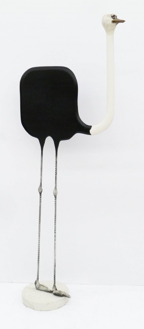 Todd Warner (b.1945 American) Ostrich 1984 Sculpture: Todd Warner (b.1945 American) Ostrich 1984 Sculpture 67''x27''. Mixed media whimsical animal sculpture constructed of ceramic and wood. Signed and dated on edge. Overall excellent condition.