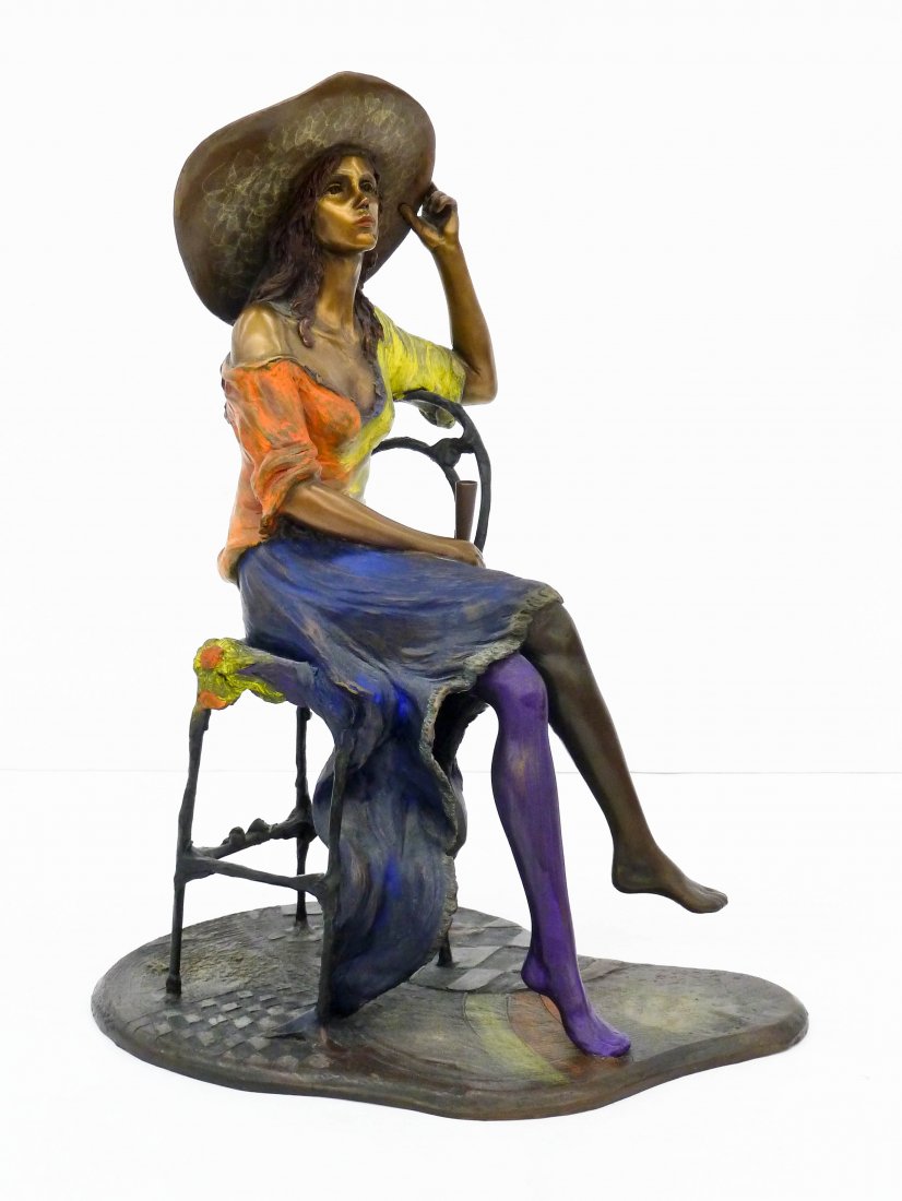 Isaac Maimon (b.1951 Israel) ''Coquette'' 1995 Bronze: Isaac Maimon (b.1951 Israel) ''Coquette'' 1995 Bronze Sculpture 19''x14.5''. A colorful patinated bronze of a woman sitting in a chair. Produced by B&R International and numbered 42 of 150 edition. Ex