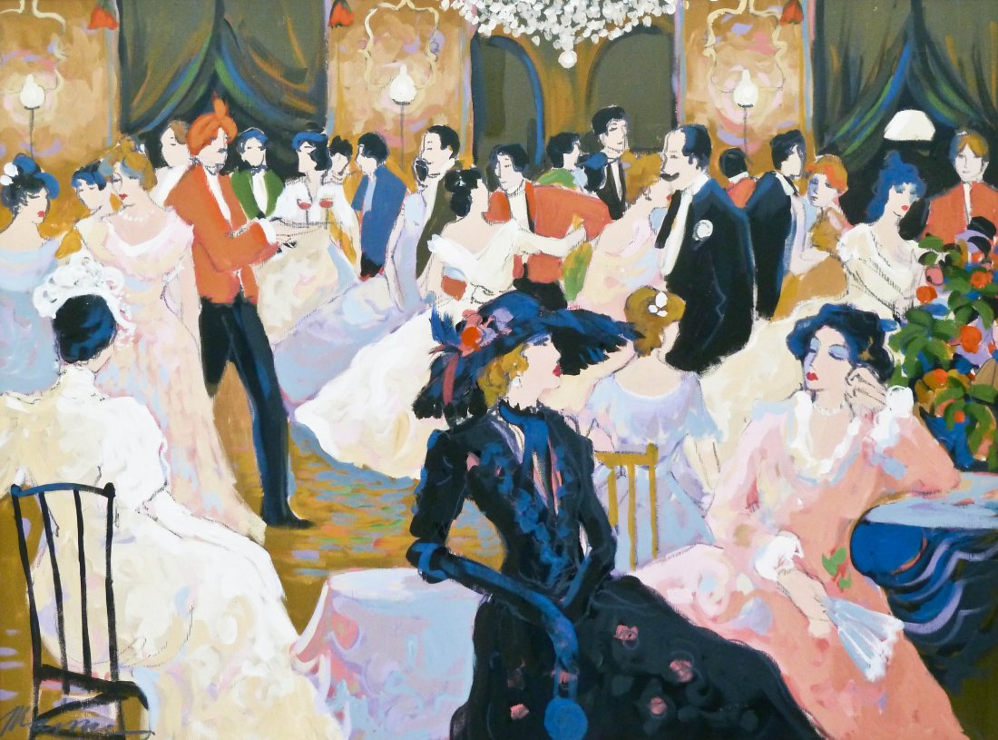 Isaac Maimon (b.1951 Israel) Women at Gala Event Oil on: Isaac Maimon (b.1951 Israel) Women at Gala Event Oil on Canvas 36''x48'' Image. A colorful interior scene of two seated women with people dancing in the background. Signed l.l. corner. Total framed si