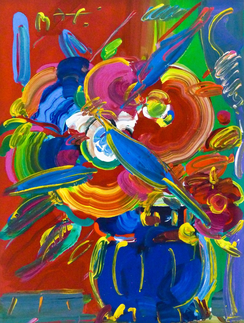 Peter Max (b.1937 American) ''Roseville Bouquet'' 1998: Peter Max (b.1937 American) ''Roseville Bouquet'' 1998 Acrylic on Paper 40''x30'' Image. An original painting by this well known pop illustrator artist. Signed u.l. corner. Purchased at Michael Pierce