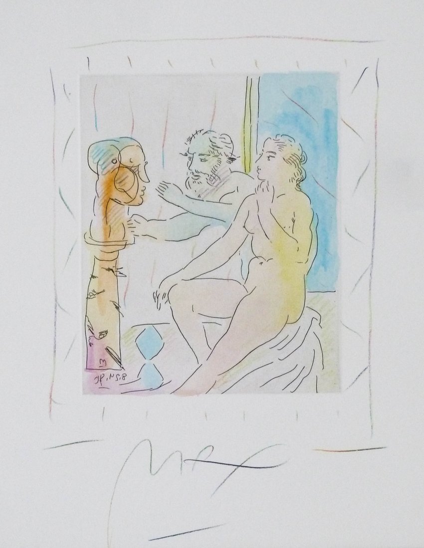 Peter Max ''Homage to Picasso'' Signed Etching on: Peter Max ''Homage to Picasso'' Signed Etching on Arches 9.75''x8'' Impression. Embellished with watercolor and signed in crayon. An unnumbered edition with an image area of 18''x16''. Gallery framed