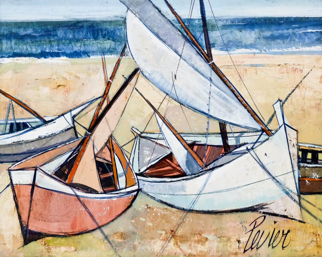 Charles Levier (1920-2003 American) ''Barques Au La: Charles Levier (1920-2003 American) ''Barques Au La Plage'' (Boats at the Beach) Oil on Canvas 16''x20'' Image. Signed l.r. and titled on verso. Housed in ornate gilt wood frame with a total size of 2