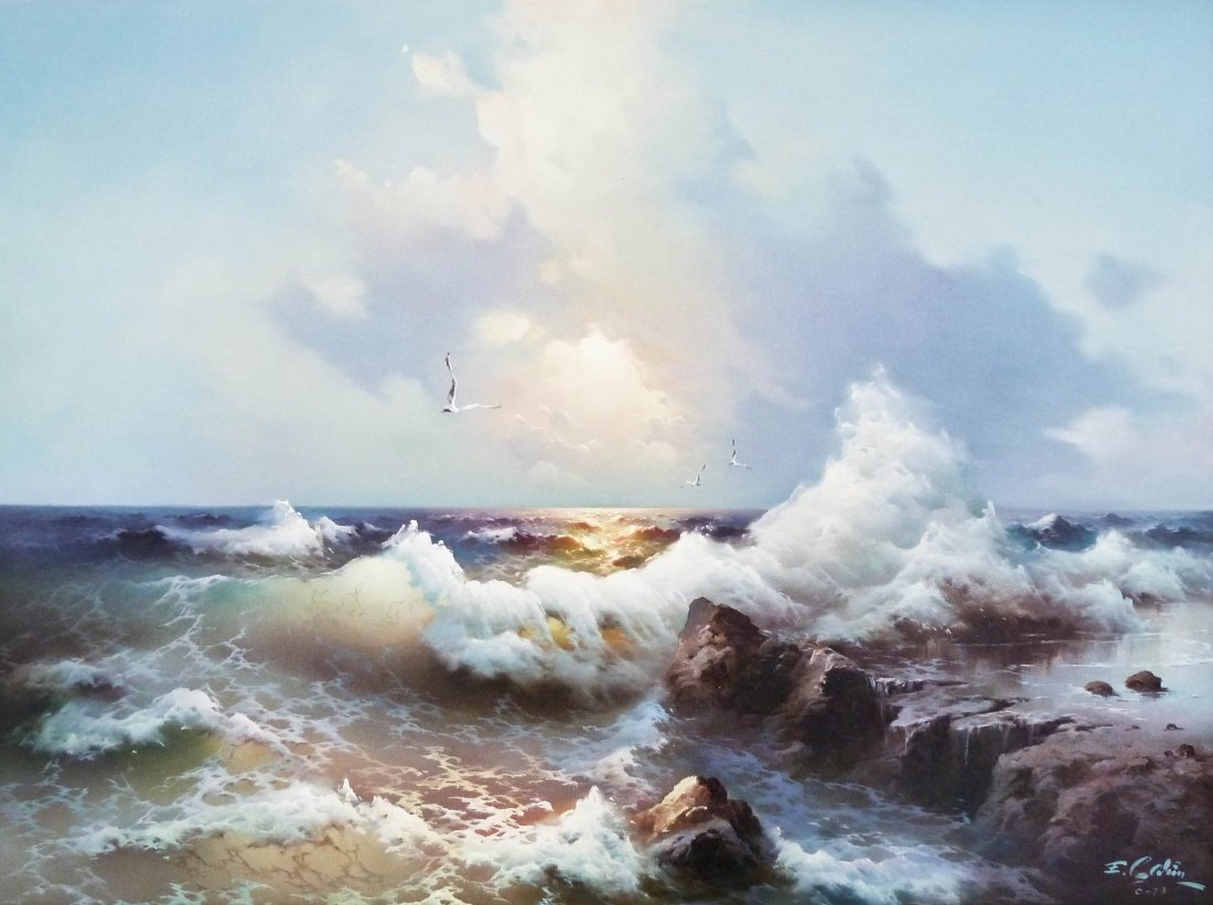Eugene Garin (1922-1994 Russian) Seascape with Gull: Eugene Garin (1922-1994 Russian) Seascape with Gull 1979 Oil on Canvas 30''x40'' Image. A dramatic scene of his typical crashing waves. Signed and dated l.r. corner. Total framed size 37.5''x47.5''. E