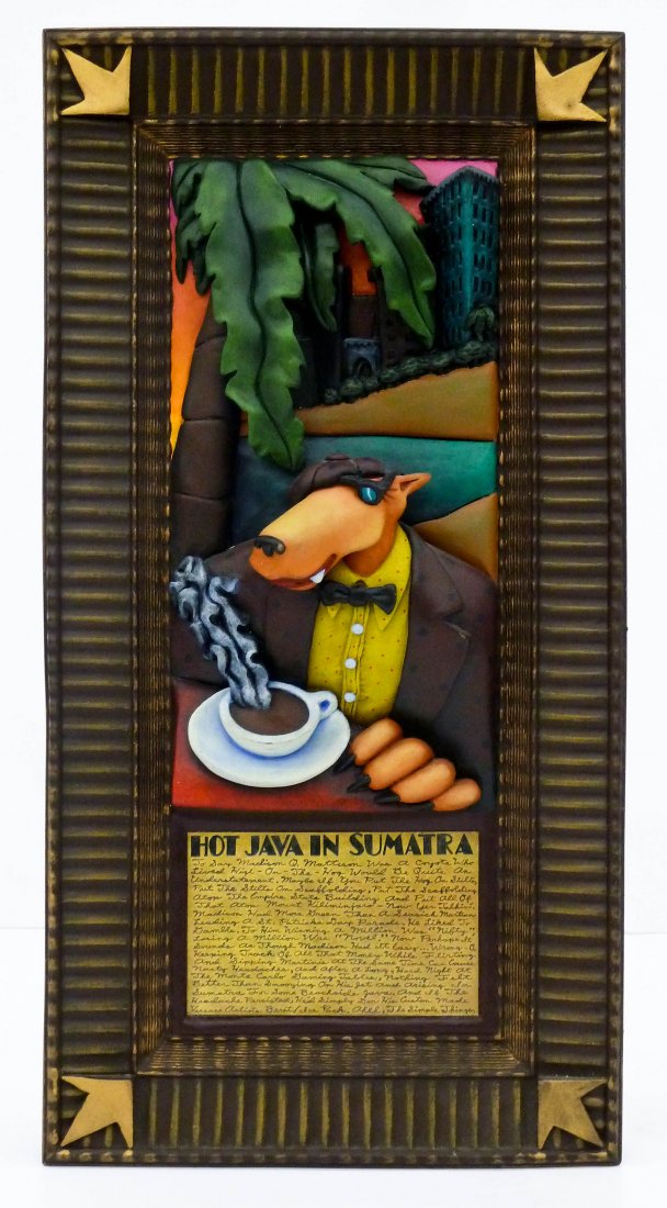 Markus Pierson (b.1961 Massachusetts) ''Hot Java in: Markus Pierson (b.1961 Massachusetts) ''Hot Java in Sumatra'' 1999 Resin Sculpture 21''x10.5''. Signed and numbered in gold ink 40 of 185 edition on side. Purchased Bailey Nelson Gallery, Seattle. Exc