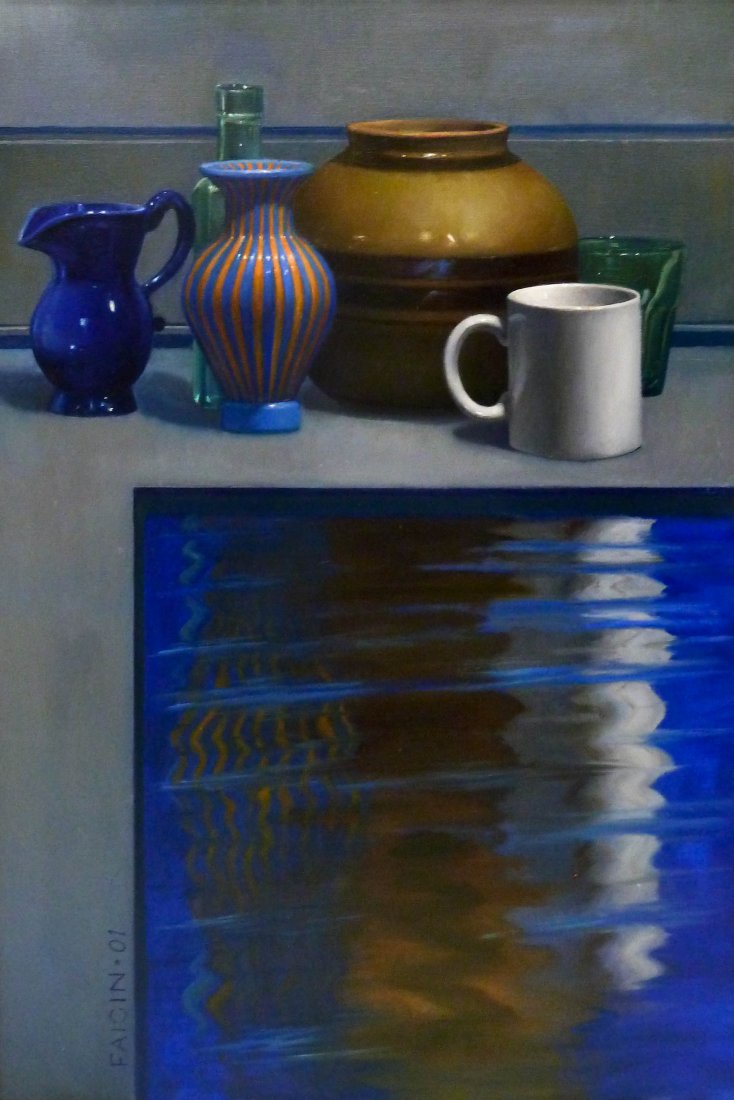 Gary Faigin (b.1950 Washington) ''A Different: Gary Faigin (b.1950 Washington) ''A Different Perspective'' 2001 Oil on Canvas 36''x24'' Image. A stark still life with vases and mugs. Signed and dated l.l. corner. Woodside Gallery, Seattle label on