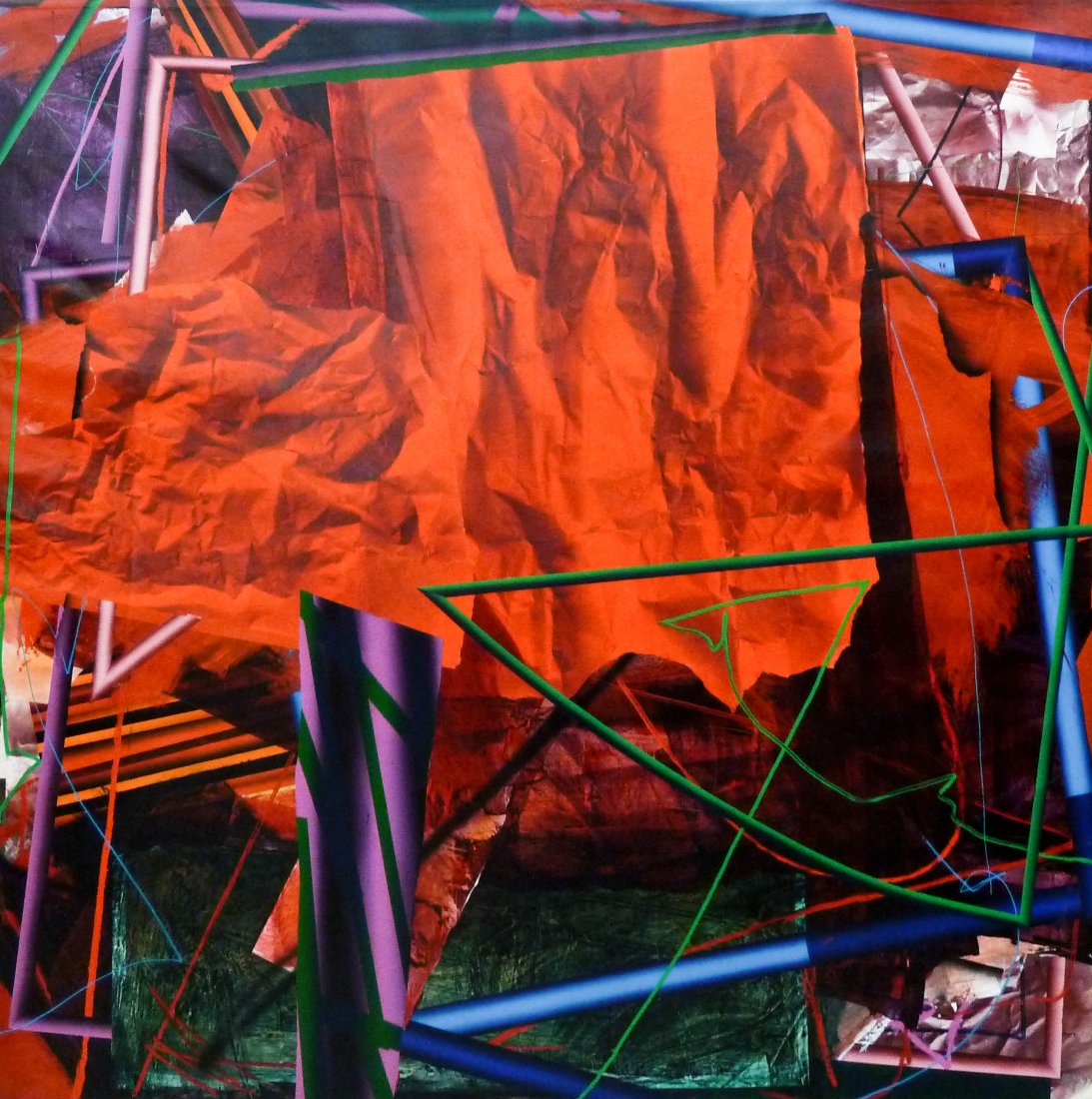 Richard Johnson (b.1942 Louisiana) ''Red Zone Marker'': Richard Johnson (b.1942 Louisiana) "Red Zone Marker" 1995 Acrylic & Collage on Canvas 88"x88". A large stark abstraction. Signed and dated l.r. corner with title on verso. Galerie Simonne Stern, New O
