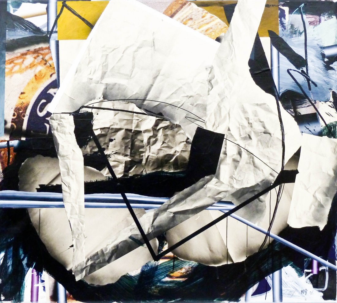 Richard Johnson (b.1942 Louisiana) ''North Lite'' 1995: Richard Johnson (b.1942 Louisiana) ''North Lite'' 1995 Acrylic & Collage on Canvas 46''x52''. A stark abstraction. Signed and dated l.r. corner with title on verso. Excellent condition.