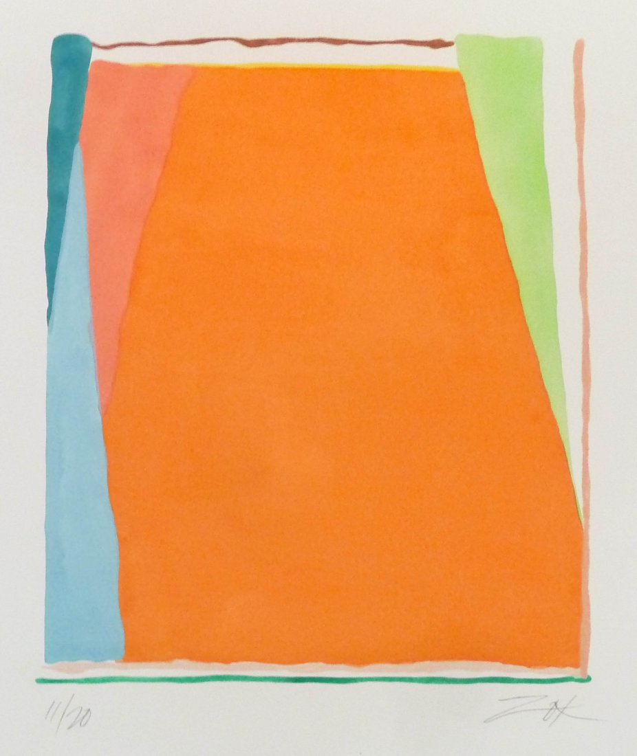 2pc Larry Zox (1937-2006 American) Untitled Abstract: 2pc Larry Zox (1937-2006 American) Untitled Abstract Lithographs in Colors 23.5''x22.75'' Each. Colorful abstract lithographs in fitted plexiglas frames by Denman Associates. Each is pencil signed and